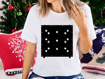 Black square plate with holes and plus signs on a white background