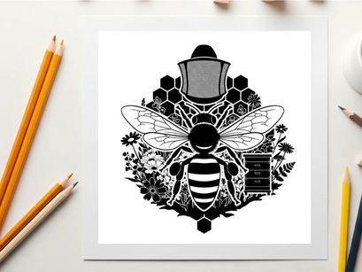 Bee silhouette with honeycomb and beekeeping hat