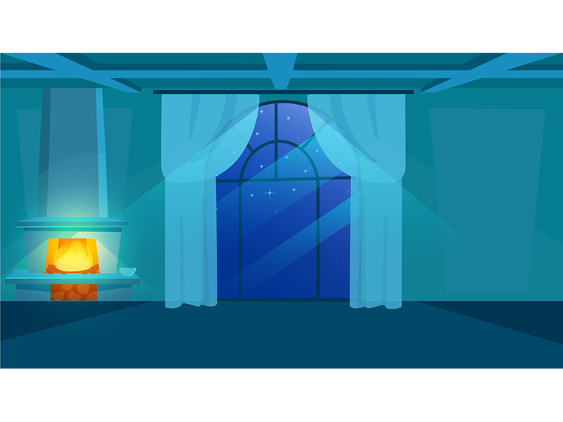 Night time interior view flat vector illustration