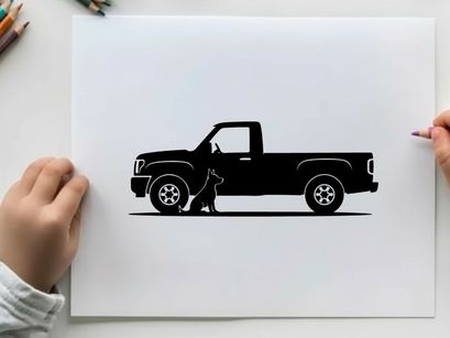 Silhouette of a dog standing beside a pickup truck