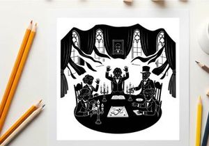 Silhouette of three people gathered around a ouija board in a dimly lit room