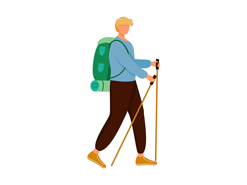 Boy with hiking sticks flat vector illustration