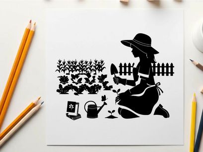 Silhouette of woman gardening with hat and tools nearby silhouette