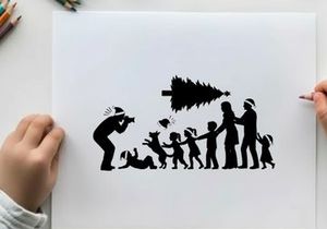 Family decorating christmas tree in silhouette