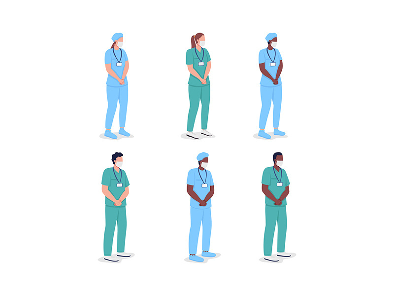 Multicultural doctors flat color vector faceless character set