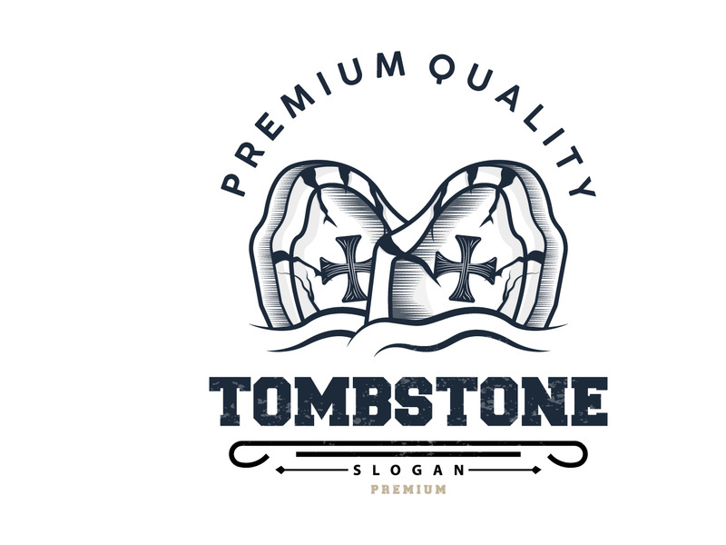 Tombstone Logo, Tomb Cemetery Cross, Vector Vintage Label, Retro Badge, Inspirational Design