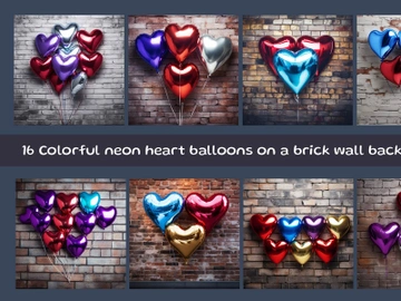 Colorful neon heart balloons on a brick wall background preview picture