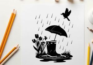Silhouette of bird umbrella and rainy day scene