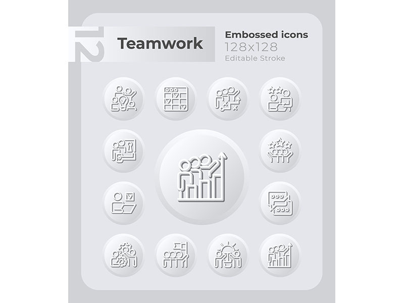 Teamwork in workplace embossed icons set