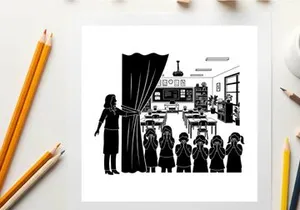 Silhouette of a teacher and children in a classroom with curtains