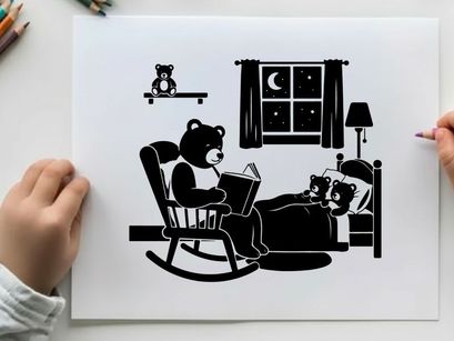 Silhouette of a bear reading to cub in bed