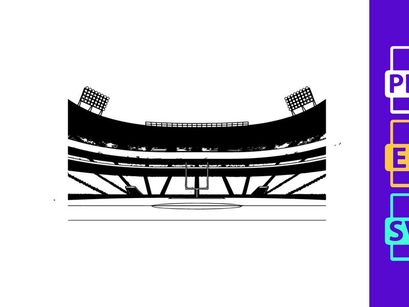 Black and white image of a sports stadium with floodlights