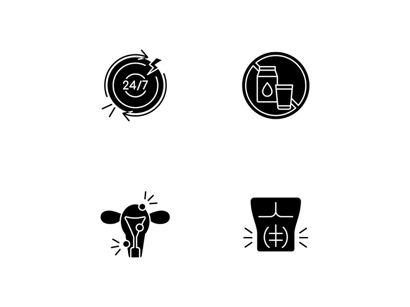 Digestive disorders black glyph icons set on white space