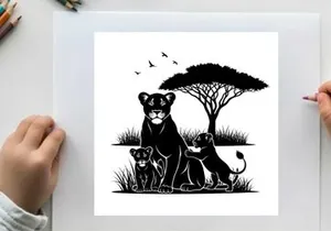 Lioness and cubs silhouette in savannah landscape with acacia tree