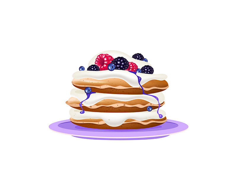 Pancakes with cream and berries realistic vector illustration