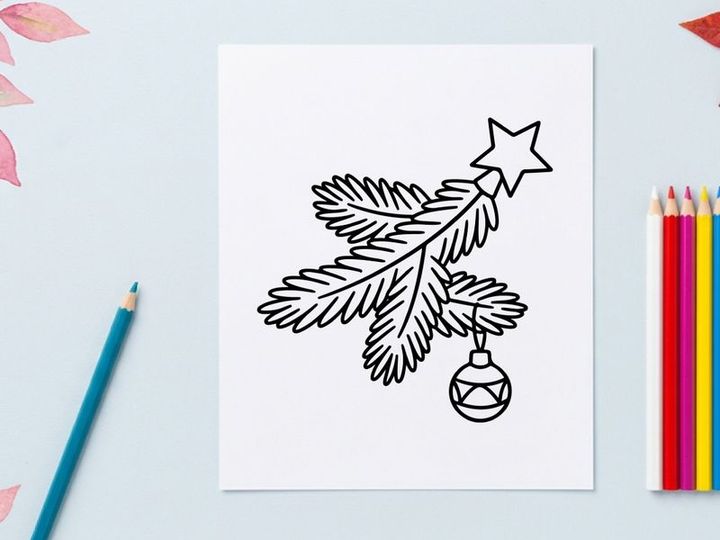 Ilustración de arte lineal de rama de árbol de Navidad con estrella y adorno