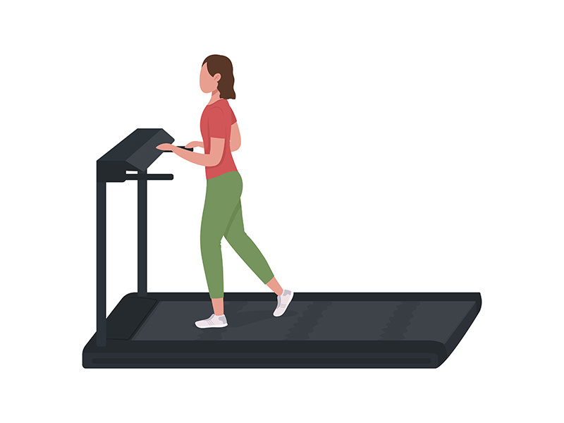 Girl running on treadmill semi flat color vector character