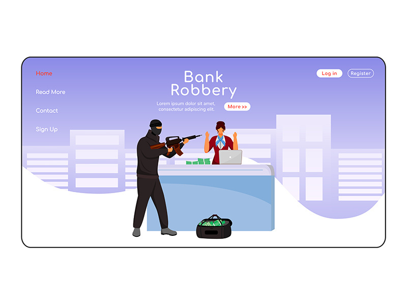 Bank robbery landing page flat color vector template
