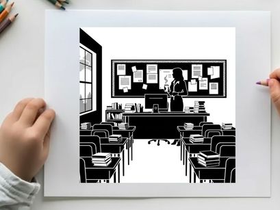 Silhouette of a teacher standing in a classroom with desks and a blackboard