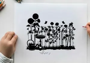 Silhouette of garden scene with flowers and birdbath silhouette