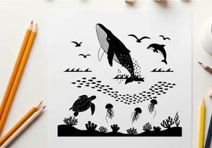 Underwater scene with silhouette of marine life