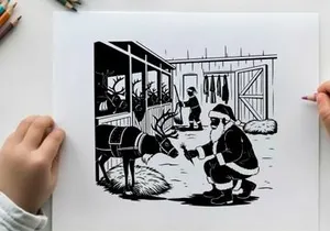 Santa claus checking reindeer silhouette at the north pole barn