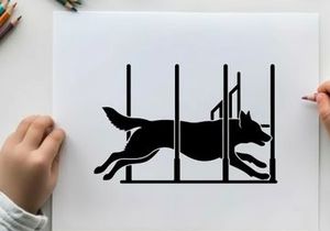 Dog silhouette jumping over hurdles in athletic silhouette