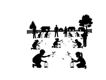 Silhouette of children releasing fireflies on a summer evening in a suburban setting preview picture