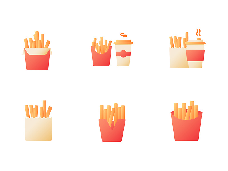 French fries and coffee takeout vector flat color icon set