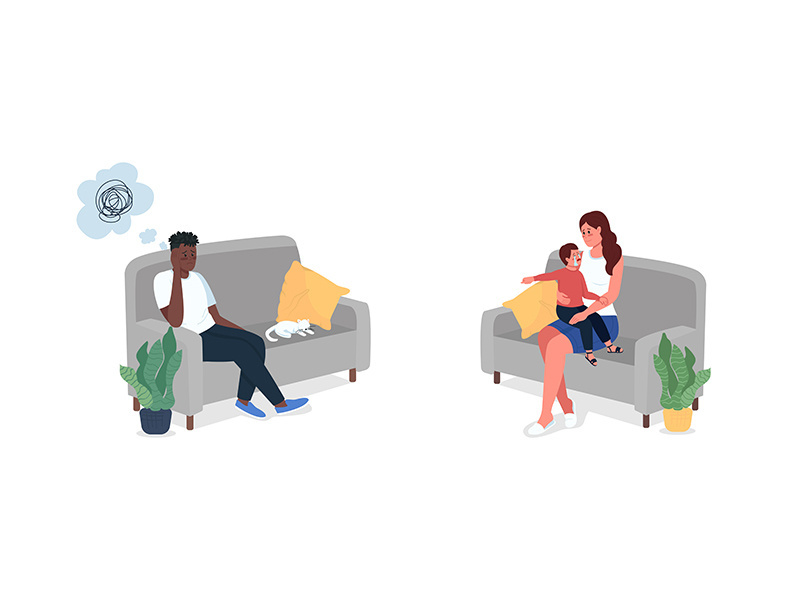 Family members sitting on couch flat color vector detailed character set