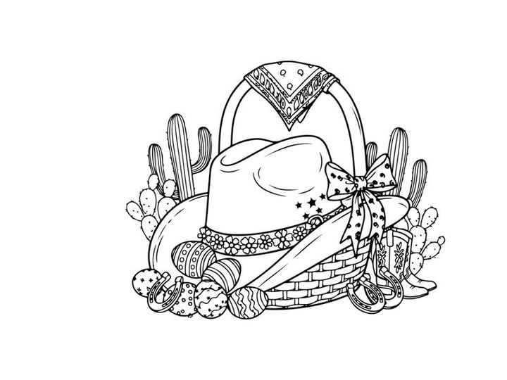 Western cowboy hat silhouette with cactus and basket