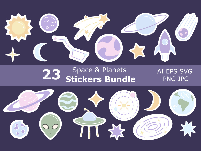 Space and planets cartoon stickers set