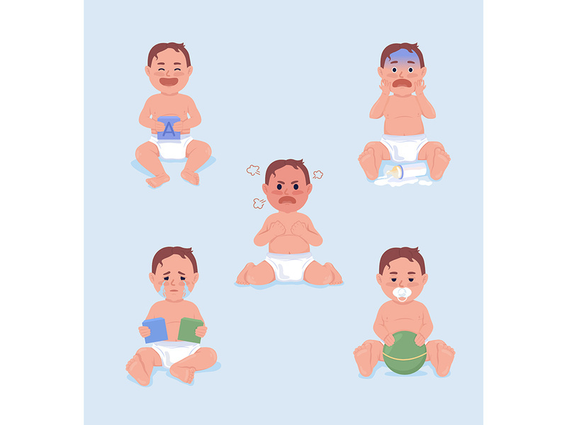 Moods of baby boy semi flat color vector characters set