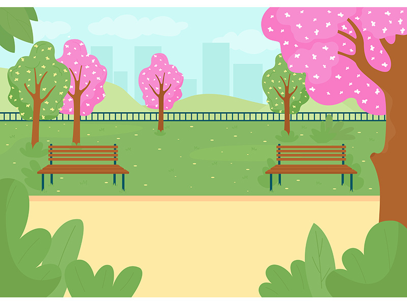 Spring park flat color vector illustration