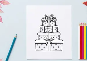 Pilha de caixas de presentes de Natal com fitas, design de página para colorir em arte linear preto e branco.