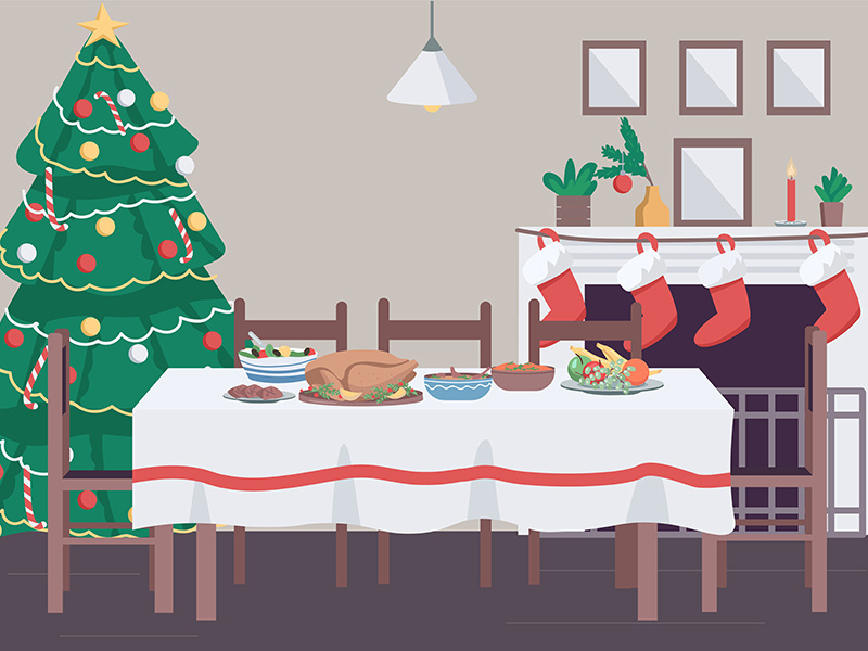 Christmas dinner table flat color vector illustration