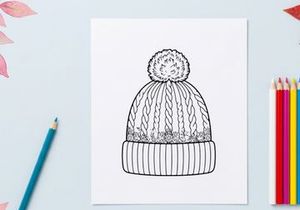 Winter knitted beanie hat with pompom and snowflake pattern line art illustration