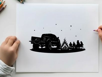 Silhouette of a vintage truck parked by a campfire with friends