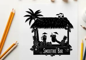 Silhouette of a tropical smoothie bar with palm tree and thatched roof