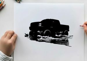 Silhouette of a pickup truck driving through water