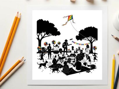 Silhouette of people and dogs at a park with a kite