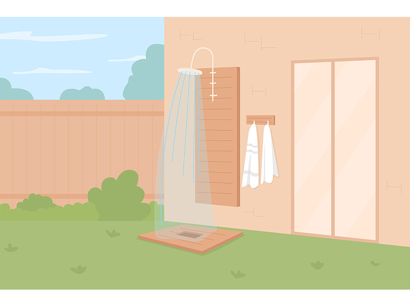 Showering outdoors flat color vector illustration