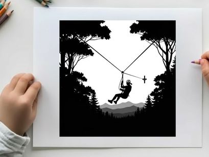 Silhouette of a person ziplining through a forest with mountains in the background silhouette