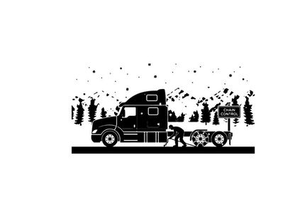 Truck and dog silhouette in winter landscape with mountains