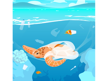 Turtle trapped in plastic garbage flat vector illustration preview picture