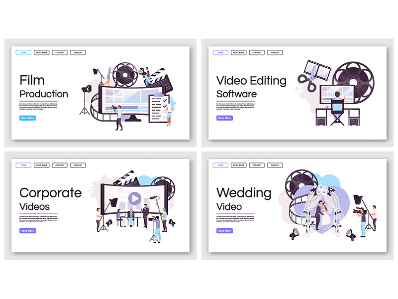 Film and video production landing page vector templates set