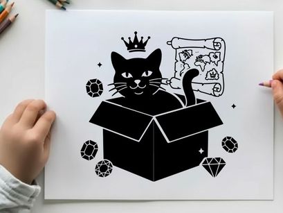 A black cat silhouette in a box with crown and jewels