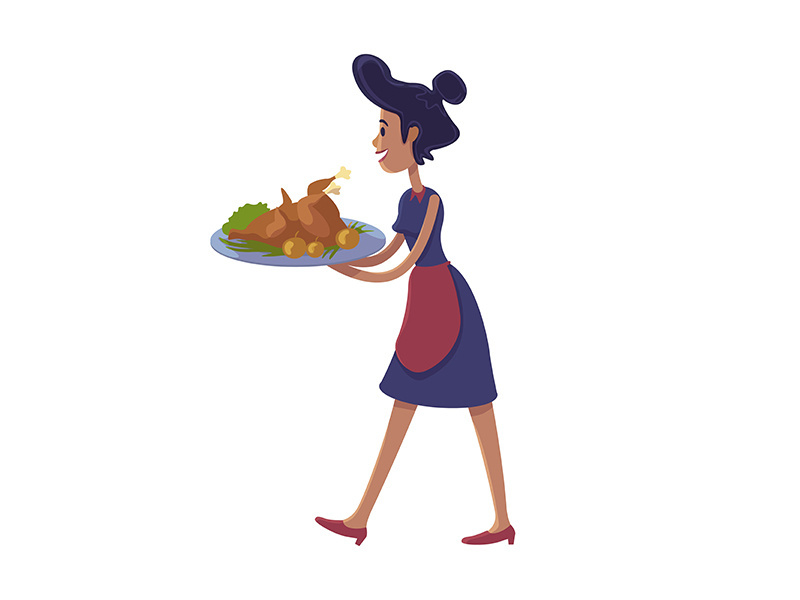Woman holding roasted turkey flat cartoon vector illustration