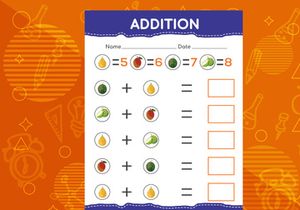 Addition with different fruits for kids. An educational worksheet for kids. Vector design