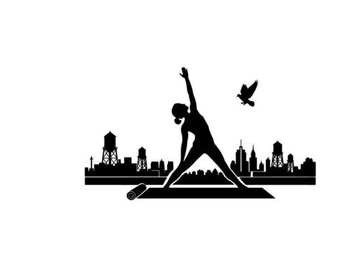 Silhouette of a woman practicing yoga outdoors in city silhouette